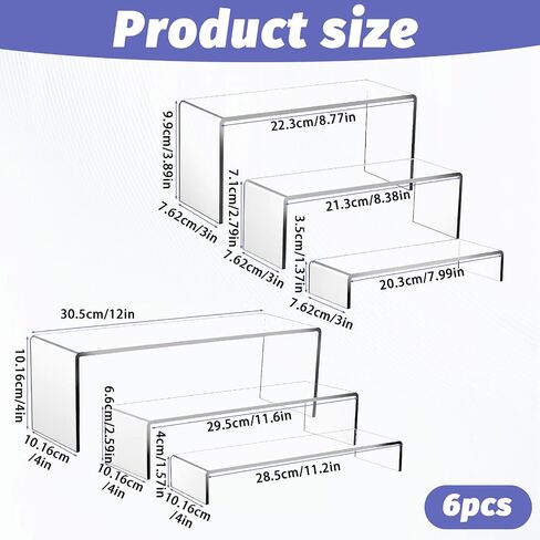 6 Pack Large Acrylic Risers, Clear Rectangular Display Stands Shelf Cupcakes Holder Dessert Showcase Perfume Organizer Shelves for Show Toys Retail Shoe Display Candy Bar Figures Table Decor in Saudi Arabia