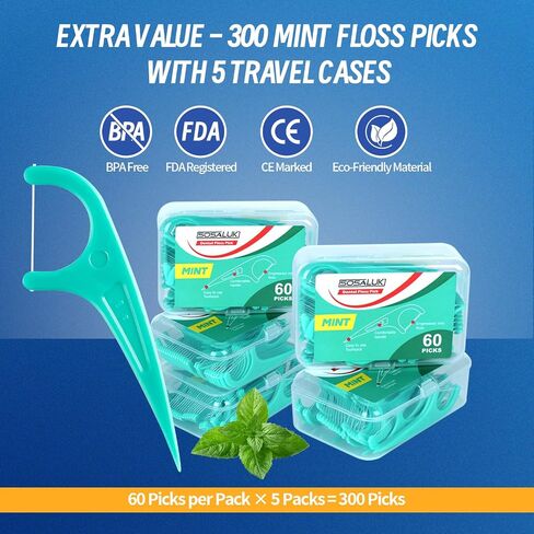 Floss Picks, 300 Count Mint Dental Floss Picks, Toothpicks with 5 Travel Cases for Extra Convenience, Helps Prevent Cavities, Remove Plaque & Freshen Breath, Premium Floss Sticks for Family in Saudi Arabia