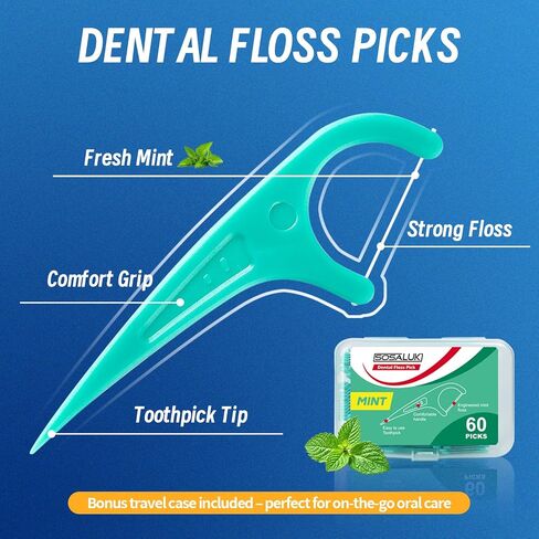 Floss Picks, 300 Count Mint Dental Floss Picks, Toothpicks with 5 Travel Cases for Extra Convenience, Helps Prevent Cavities, Remove Plaque & Freshen Breath, Premium Floss Sticks for Family in Saudi Arabia