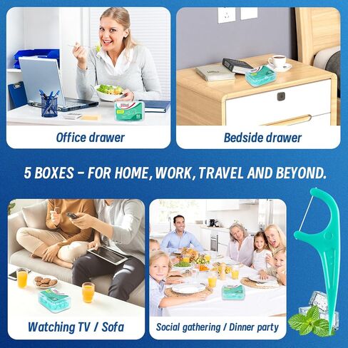 Floss Picks, 300 Count Mint Dental Floss Picks, Toothpicks with 5 Travel Cases for Extra Convenience, Helps Prevent Cavities, Remove Plaque & Freshen Breath, Premium Floss Sticks for Family in Saudi Arabia