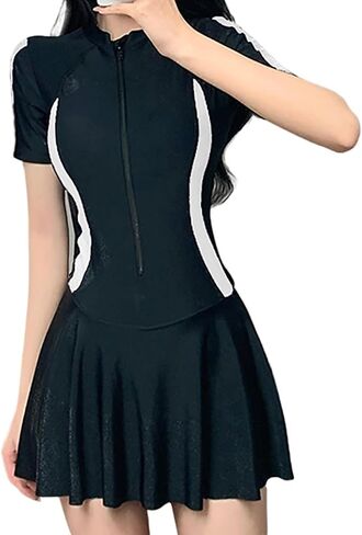 Dagin Women One Piece Swim Skirt التي تغطي البطن التخليص المحافظة على الأكمام القصيرة الرياضية والسباحة in Saudi Arabia