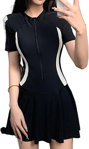 Dagin Women One Piece Swim Skirt التي تغطي البطن التخليص المحافظة على الأكمام القصيرة الرياضية والسباحة in Saudi Arabia