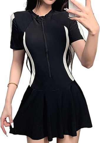Dagin Women One Piece Swim Skirt التي تغطي البطن التخليص المحافظة على الأكمام القصيرة الرياضية والسباحة in Saudi Arabia