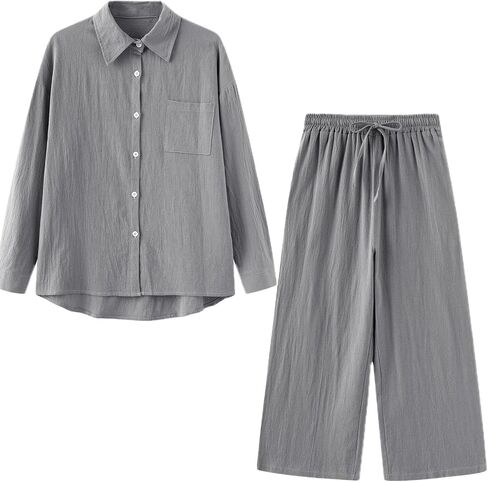 Women's 2 Pieces Cotton Linen Loungewear Button Down Shirt and Wide-Leg Pants Set in Saudi Arabia