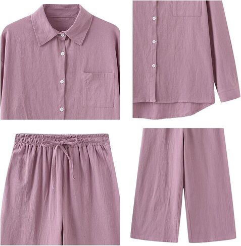 Women's 2 Pieces Cotton Linen Loungewear Button Down Shirt and Wide-Leg Pants Set in Saudi Arabia