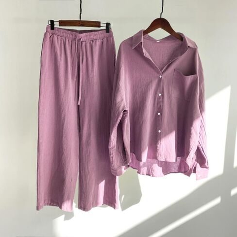 Women's 2 Pieces Cotton Linen Loungewear Button Down Shirt and Wide-Leg Pants Set in Saudi Arabia