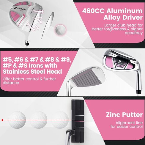 Gymax Women Golf Clubs ، 16pcs مجموعة الجولف اليمنى تشمل Graphite 460CC Driver (1) ، Fairway (3) ، Hybrid (5) in Saudi Arabia