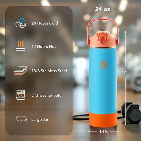 GOSWAG 24 OZ زجاجة ماء معزول من الفولاذ المقاوم للصدأ ، زجاجة مياه رياضية مع خيارات القش/بدون القش ، 2 أغطية ، مقبض ، حذاء السيليكون للمدرسة والسفر ، عزل الفراغ مزدوج الجدار in Saudi Arabia
