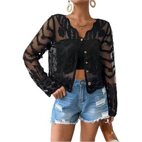 OYOANGLE Women's Plus Size Floral Appliques Long Sleeve Button Front Sheer Cardigan Lightweight See Through Outerwear in Kuwait
