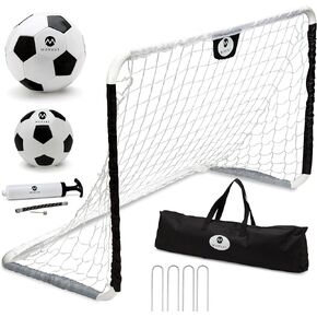 Morvat Kids Metal Poles Soccer Goal Towe Set معدات تدريب محمولة للوزن الخفيف الفناء الخلفي والمنزل في الداخل 48 "× 30" صافي + 2 كرات كرة قدم + مضخة الكرة + كيس تخزين ، أسود وأبيض in Kuwait
