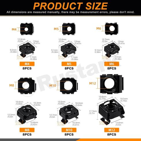 40Pcs 4 Sizes Silver Carbon Steel Cage Nut SAE Zinc Snap-in Cage Nuts Square Rack Mount Clip Nuts Captive Nut Rack Nuts for Server Shelve Cabinet in Saudi Arabia