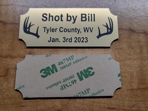 Custom Engraved 1.25x3 Brushed Gold Name Plate Plaque w/Antler Clipart for 1st Deer or Buck/Shot by Sign Trophy Hunting Add Your Name & Wording in Saudi Arabia