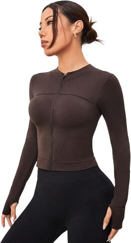 Slim Fit Long Sleeve Zip Up Crop Jacket for Women Turtleneck Ribbed Workout Top for Yoga Gym Running in Saudi Arabia