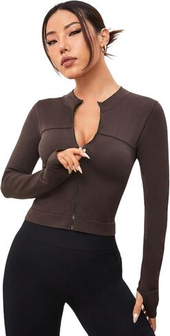 Slim Fit Long Sleeve Zip Up Crop Jacket for Women Turtleneck Ribbed Workout Top for Yoga Gym Running in Saudi Arabia