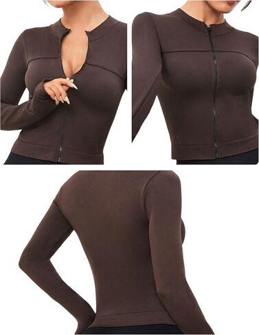 Slim Fit Long Sleeve Zip Up Crop Jacket for Women Turtleneck Ribbed Workout Top for Yoga Gym Running in Saudi Arabia