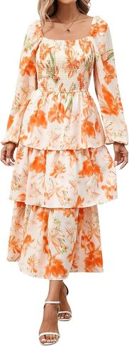 BTFBM Women Floral Maxi Dress Fall Fashion 2025 Boho Long Sleeve Square Neck Smocked Tiered Ruffle Flowy Wedding Dresses in Saudi Arabia