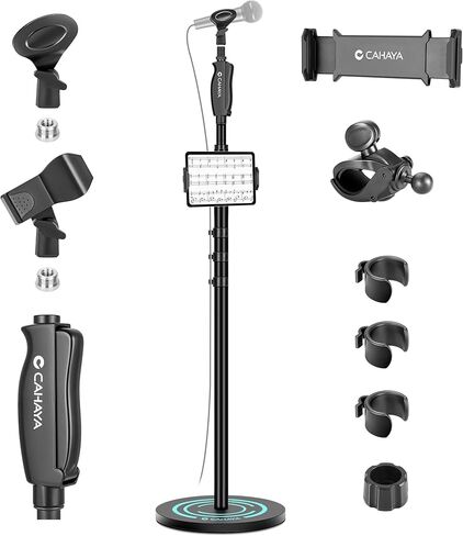 CAHAYA Mic Stand Floor Detachable - Microphone Stand Heavy Duty with Weighted Round Base Phone Holder and 2 Mic Clips Portable Mic Stands Height Adjustable 50" to 64" for Singing Performance Stage in Saudi Arabia
