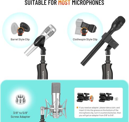 CAHAYA Mic Stand Floor Detachable - Microphone Stand Heavy Duty with Weighted Round Base Phone Holder and 2 Mic Clips Portable Mic Stands Height Adjustable 50" to 64" for Singing Performance Stage in Saudi Arabia