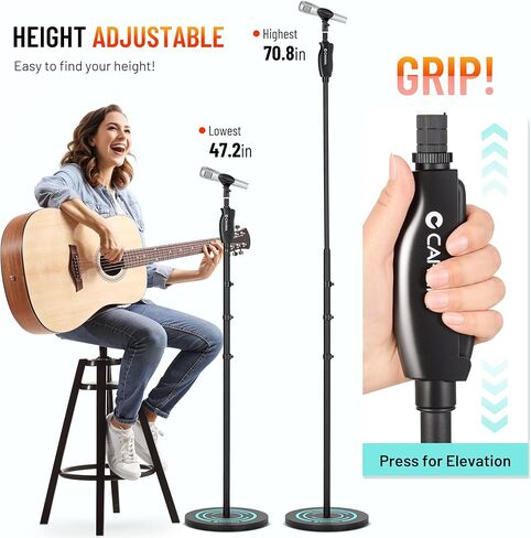 CAHAYA Mic Stand Floor Detachable - Microphone Stand Heavy Duty with Weighted Round Base Phone Holder and 2 Mic Clips Portable Mic Stands Height Adjustable 50" to 64" for Singing Performance Stage in Saudi Arabia