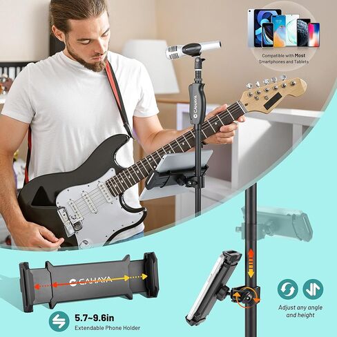 CAHAYA Mic Stand Floor Detachable - Microphone Stand Heavy Duty with Weighted Round Base Phone Holder and 2 Mic Clips Portable Mic Stands Height Adjustable 50" to 64" for Singing Performance Stage in Saudi Arabia