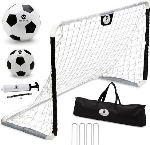 Morvat Kids Metal Poles Soccer Goal Towe Set معدات تدريب محمولة للوزن الخفيف الفناء الخلفي والمنزل في الداخل 48 "× 30" صافي + 2 كرات كرة قدم + مضخة الكرة + كيس تخزين ، أسود وأبيض in Kuwait