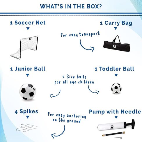 Morvat Kids Metal Poles Soccer Goal Towe Set معدات تدريب محمولة للوزن الخفيف الفناء الخلفي والمنزل في الداخل 48 "× 30" صافي + 2 كرات كرة قدم + مضخة الكرة + كيس تخزين ، أسود وأبيض in Kuwait