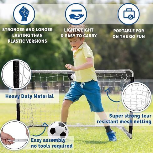 Morvat Kids Metal Poles Soccer Goal Towe Set معدات تدريب محمولة للوزن الخفيف الفناء الخلفي والمنزل في الداخل 48 "× 30" صافي + 2 كرات كرة قدم + مضخة الكرة + كيس تخزين ، أسود وأبيض in Kuwait
