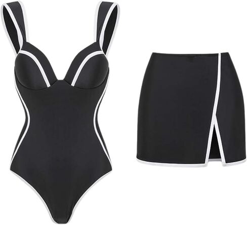 Flaxmaker Women's One Piece Swimsuit Switcy Tummy Control Suit Block Lace Lace Up Back Swimsuit and Skirt in Kuwait