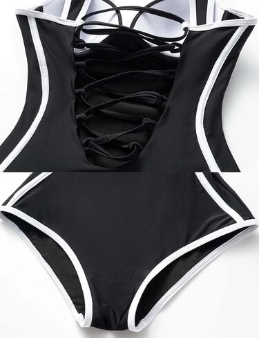Flaxmaker Women's One Piece Swimsuit Switcy Tummy Control Suit Block Lace Lace Up Back Swimsuit and Skirt in Kuwait