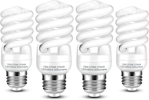 مصابيح ضوء CFL E26 CFL 13WATT ، T2 حلزوني ناعم أبيض 2700K 900LM E26 مصابيح ضوء فلورسنت متوسطة القاعدة ، UL معتمدة ، 120 فولت 60 هرتز ، مصابيح CFL ذات الصابحة الذاتية (60WATT المكافئة) ، حزمة 4 in Saudi Arabia