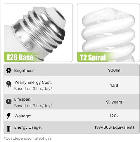 مصابيح ضوء CFL E26 CFL 13WATT ، T2 حلزوني ناعم أبيض 2700K 900LM E26 مصابيح ضوء فلورسنت متوسطة القاعدة ، UL معتمدة ، 120 فولت 60 هرتز ، مصابيح CFL ذات الصابحة الذاتية (60WATT المكافئة) ، حزمة 4 in Saudi Arabia