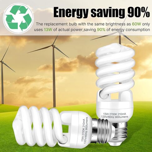 مصابيح ضوء CFL E26 CFL 13WATT ، T2 حلزوني ناعم أبيض 2700K 900LM E26 مصابيح ضوء فلورسنت متوسطة القاعدة ، UL معتمدة ، 120 فولت 60 هرتز ، مصابيح CFL ذات الصابحة الذاتية (60WATT المكافئة) ، حزمة 4 in Saudi Arabia