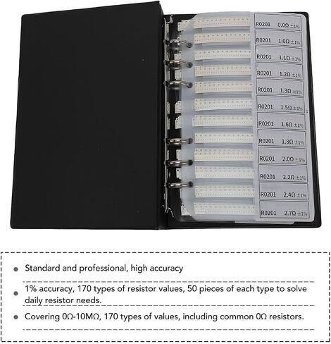 0201 0R-10M SMD Resistor Kit, 170 Values X 50pcs Each 1% Accuracy SMD Resistor Sample Book, SMD Resistor Assortment Folder for Electronic Components in Saudi Arabia