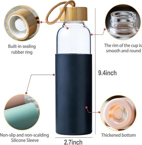 21oz Glass Water Bottle with Silicone Sleeve & Bamboo Lid, BPA Free Reusable Water Bottle Glass for Gym Office Travel, Gift for Fitness Enthusiasts (Green) in Kuwait