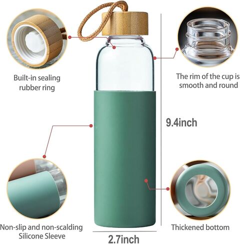 21oz Glass Water Bottle with Silicone Sleeve & Bamboo Lid, BPA Free Reusable Water Bottle Glass for Gym Office Travel, Gift for Fitness Enthusiasts (Green) in Kuwait
