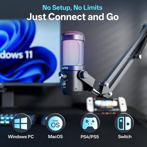 JARO USB Condenser Microphone with Boom Arm Studio Mic for Gaming, Podcast, Recording Real-Time Monitoring & Mute in Saudi Arabia