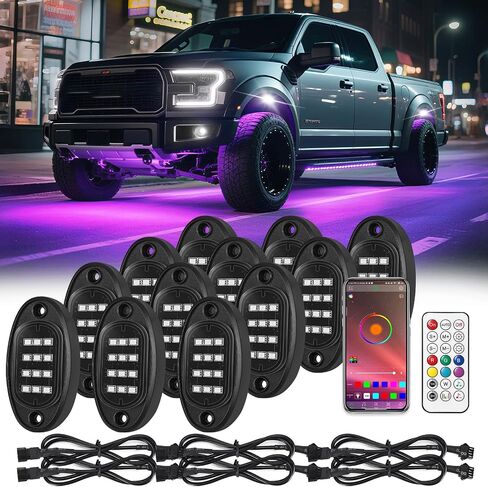 16Pods RGB LED Rock Lights Kit with APP/RF Remote Control, Car Underglow Lights with Brake Multicolor Neon Underbody Light Waterproof 12V for Trucks Pickup Jeep Golf Cart SXS ATV in Kuwait