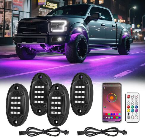 16Pods RGB LED Rock Lights Kit with APP/RF Remote Control, Car Underglow Lights with Brake Multicolor Neon Underbody Light Waterproof 12V for Trucks Pickup Jeep Golf Cart SXS ATV in Kuwait