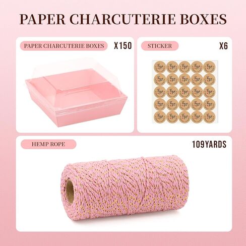 150 حزمة صناديق charcuterie مع أغطية آمنة واضحة ، 4.7x4.7x2.6 بوصات مربعة وردية قابلة للتصرف في صناديق ملفات تعريف الارتباط للساندويتش ، المعجنات ، الحلوى in Kuwait