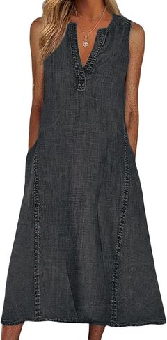 CHARTOU Women Casual Sleeveless Denim Midi Dress A Line Summer in Saudi Arabia