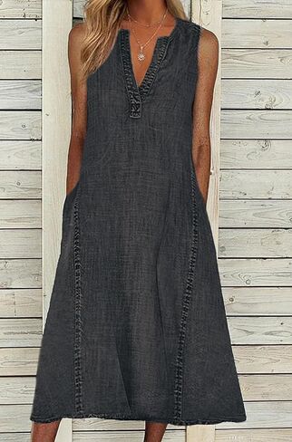 CHARTOU Women Casual Sleeveless Denim Midi Dress A Line Summer in Saudi Arabia