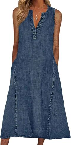 CHARTOU Women Casual Sleeveless Denim Midi Dress A Line Summer in Saudi Arabia