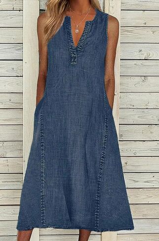 CHARTOU Women Casual Sleeveless Denim Midi Dress A Line Summer in Saudi Arabia