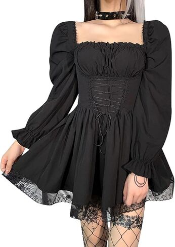 Women Black Bubble Sleeve Lace Hem Dress Boho Mini Dress Cinch Fitted Dresses Goth Punk Dresses in Kuwait
