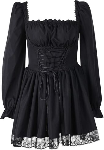 Women Black Bubble Sleeve Lace Hem Dress Boho Mini Dress Cinch Fitted Dresses Goth Punk Dresses in Kuwait