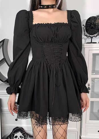 Women Black Bubble Sleeve Lace Hem Dress Boho Mini Dress Cinch Fitted Dresses Goth Punk Dresses in Kuwait