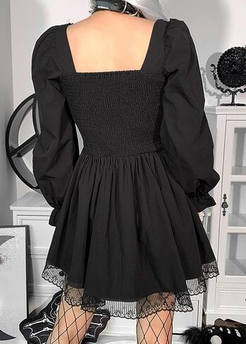 Women Black Bubble Sleeve Lace Hem Dress Boho Mini Dress Cinch Fitted Dresses Goth Punk Dresses in Kuwait