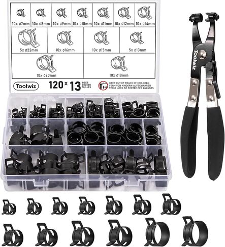 Toolwiz 120pcs 7-22mm النطاق الزنبركية خرطوم المشبك تشكيلة مع كماشة مشبك دوار ، مشابك خرطوم المبرد المستمر في التوتر ، مقاطع خرطوم أسود لخط الوقود ، خرطوم فراغ السيليكون ، أنبوب الهواء ، أنبوب الماء in Kuwait