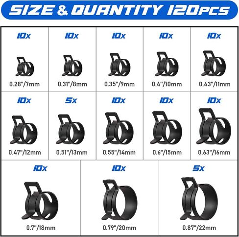 Toolwiz 120pcs 7-22mm النطاق الزنبركية خرطوم المشبك تشكيلة مع كماشة مشبك دوار ، مشابك خرطوم المبرد المستمر في التوتر ، مقاطع خرطوم أسود لخط الوقود ، خرطوم فراغ السيليكون ، أنبوب الهواء ، أنبوب الماء in Kuwait