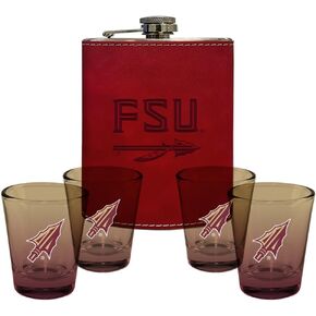 The Memory Company | Licensed NCAA Team Logo Leather Wraped Flask with (4) Ombre Shot Glasses Set in Kuwait